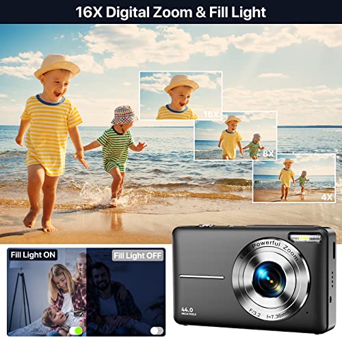 Digital Camera, Kids Camera with 32GB Card FHD 1080P 44MP Vlogging Camera with LCD Screen 16X Zoom Compact Portable Mini Rechargeable Camera Gifts for Students Teens Adults Girls Boys