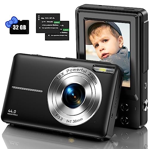 Digital Camera, Kids Camera with 32GB Card FHD 1080P 44MP Vlogging Camera with LCD Screen 16X Zoom Compact Portable Mini Rechargeable Camera Gifts for Students Teens Adults Girls Boys