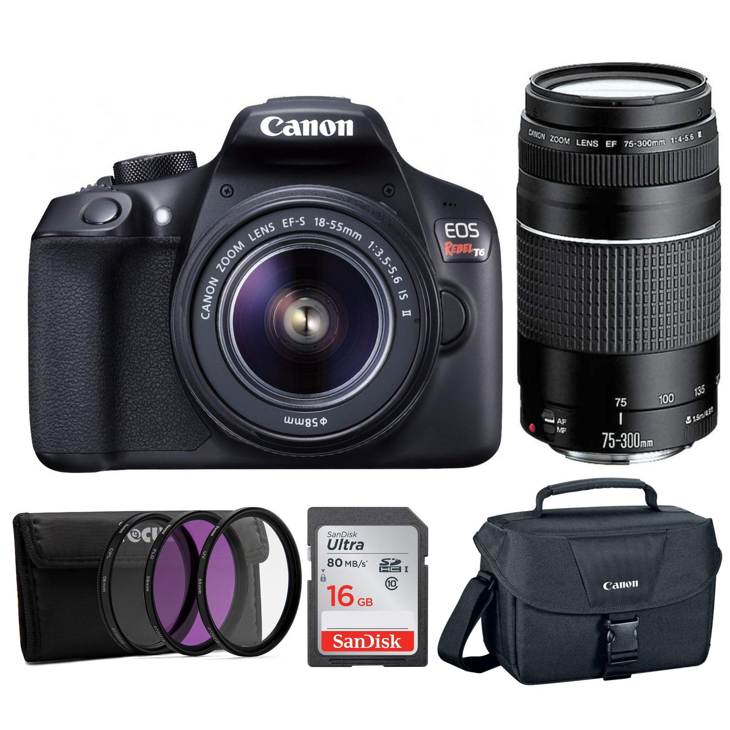 Canon EOS Rebel T6 18MP DSLR 18-55mm, 75-300mm Lenses, Bonus SD Card, and WiFi